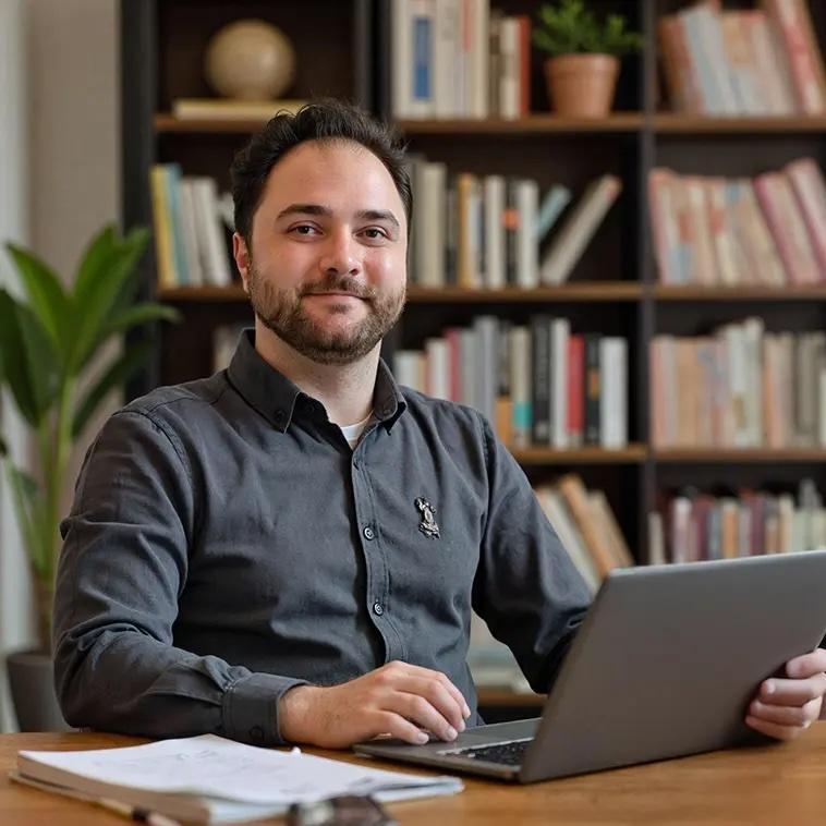 Ahmet Emre Aladag - AI engineer and researcher in his workspace, focused on mental health technology development